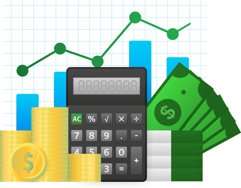 Illustration: calculator, cash and a rising chart — the inputs behind a marketing budget